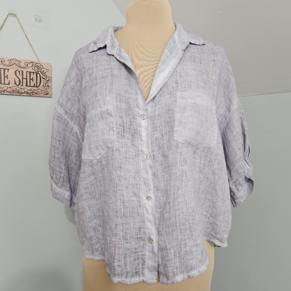 Inizio Italian Linen Button Up Shirt Lightweight Purple Relaxed Fit Top Beachy - Picture 2 of 11